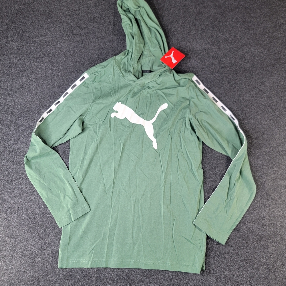 Puma Men's Long Sleeve Micro Tape Hoodie Tee Shirt Sz Small Green White Cotton